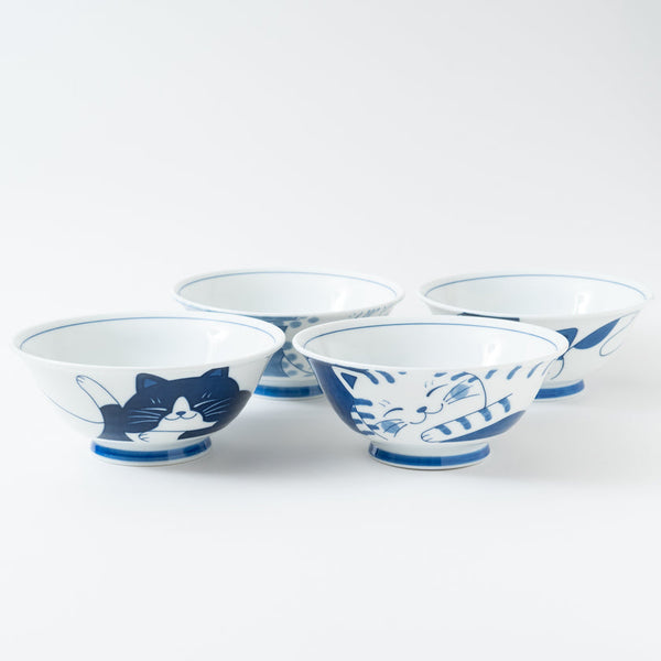 4-Piece 19cm Japanese Cat Bowl Set Mino Ware Porcelain