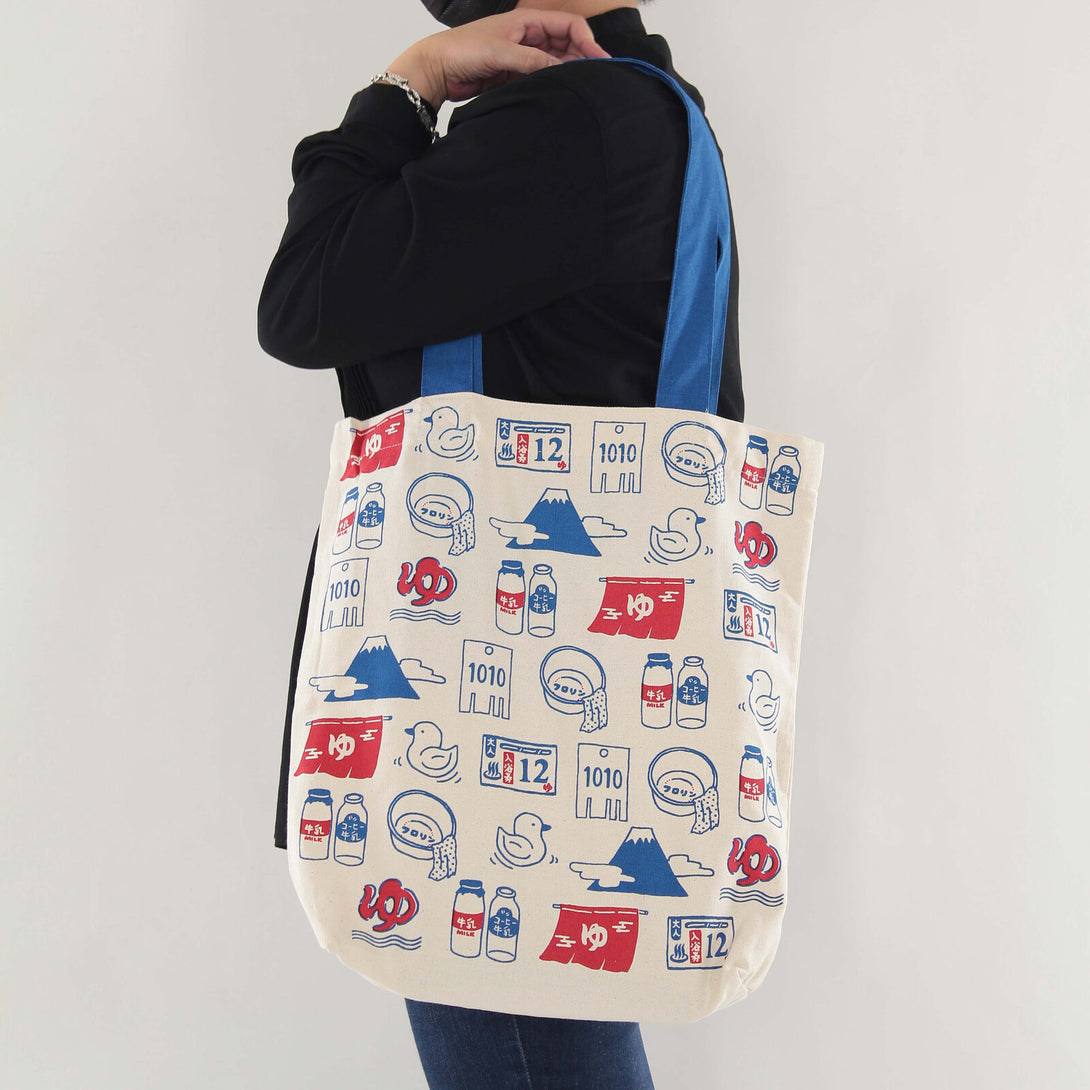 Japanese Tote Bag A4 Size 38x39cm 100% Cotton - Mt. Fuji, Hot Spring, Milk - Scop