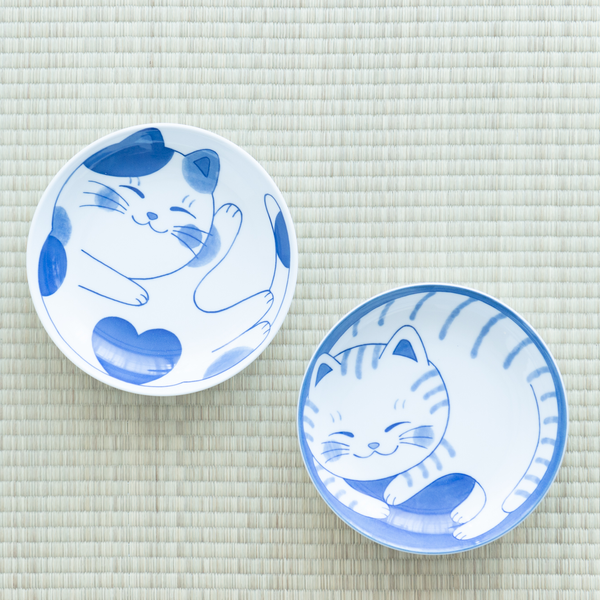 4-Piece Japanese Cat Mini Plate Set Mino Ware Porcelain Dip Bowl - Scop