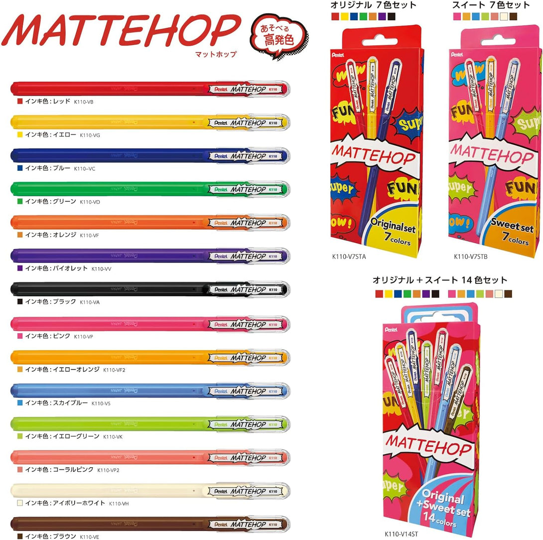 Pentel MATTEHOP Ballpoint Pen 1mm Original Set 7 Colors - Scop