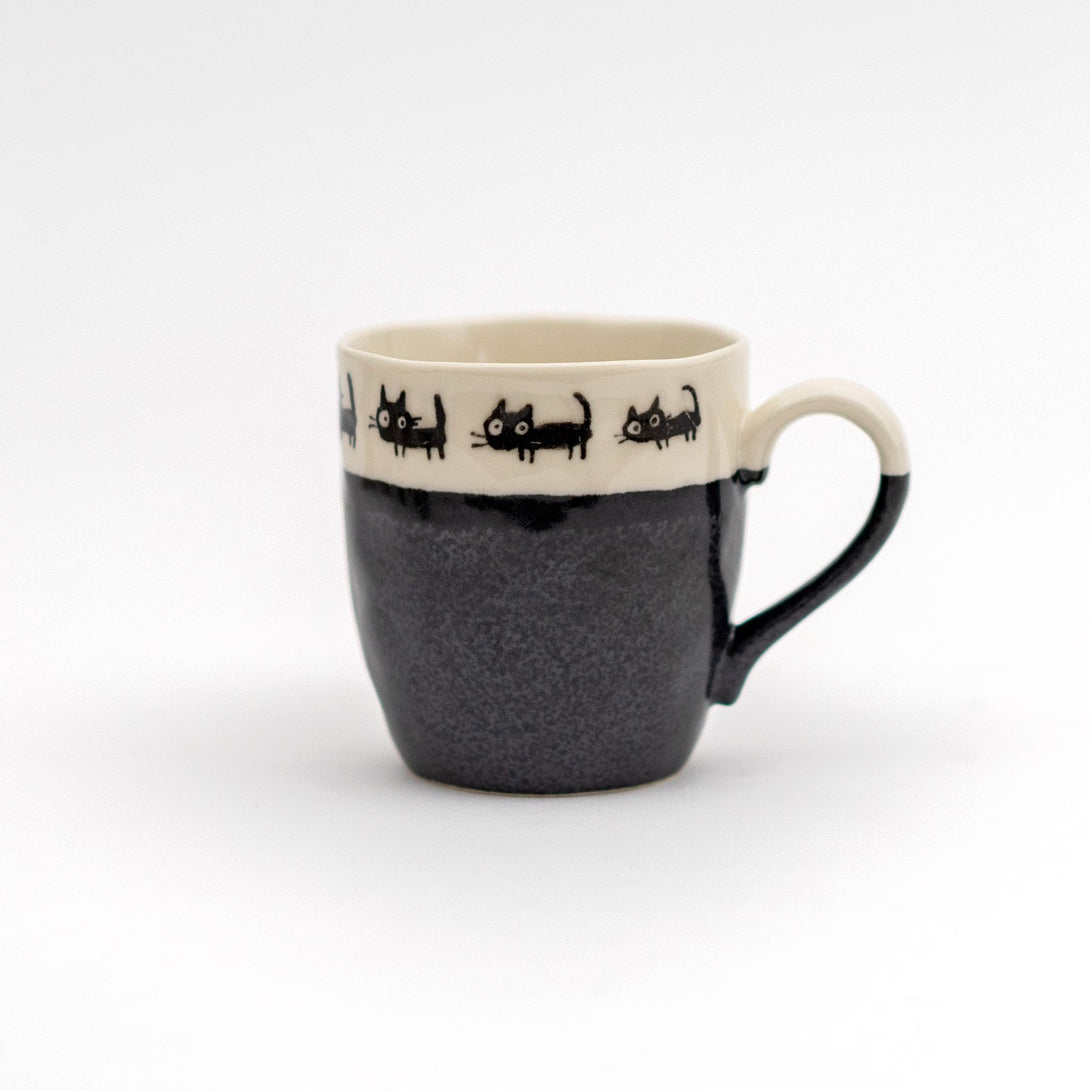 Japanese Black Cat Mug Mino Ware Porcelain Cup - Scop