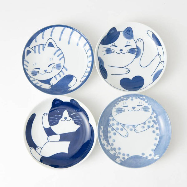 4-Piece Japanese Cat Mini Plate Set Mino Ware Porcelain Dip Bowl - Scop