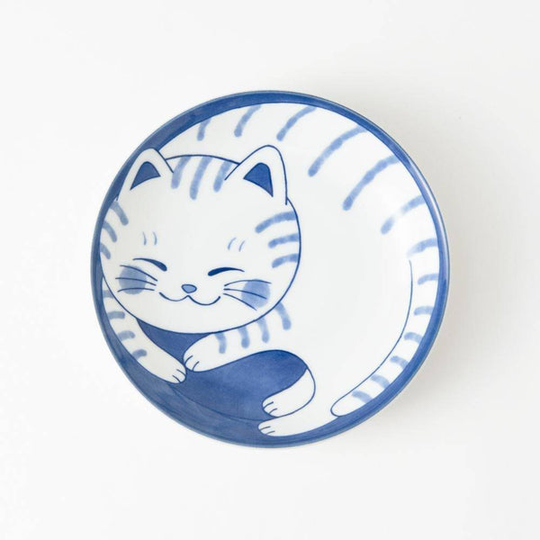 Japanese Cat Basket 20cm Mino Ware Porcelain Round Plate Tabby Cat