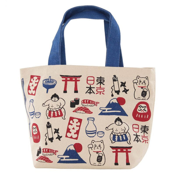 Japanische Mini-Einkaufstasche, Lunchtasche, 30 x 20 cm, 100 % Baumwolle – Mt. Fuji, Sumo, Katze